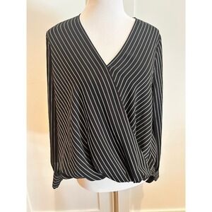 Karen Millen Black Pinstripe Faux Wrap V Neck Long Sleeve Blouse Size UK 12 US 8